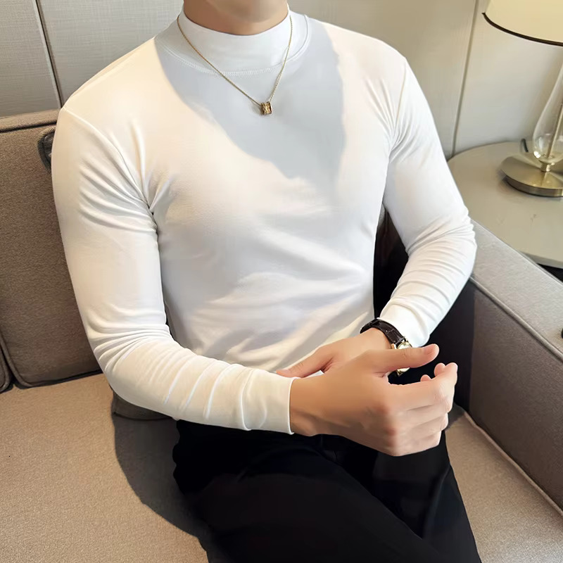 Male Designer T-shirt Korean Clothing High Elasticity High Neck Slim Fit Long Sleeved Men's T-shirt Casual Top