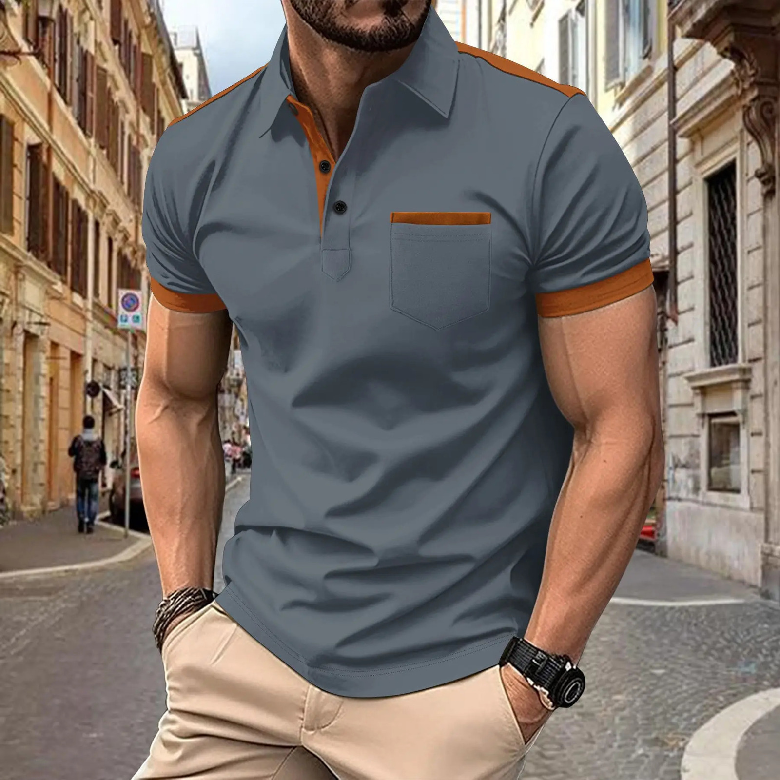 mens casual POLO shirt chest pocket lapel button stitching color matching Tshirt 250108