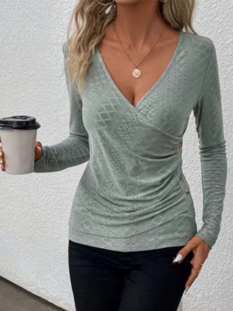 Sexy V-neck Solid Color Long Sleeved Designer T-shirt For Women Buttonhole T-shirt For Daily Office Fashion Elegant And Fresh Style Autumn Top