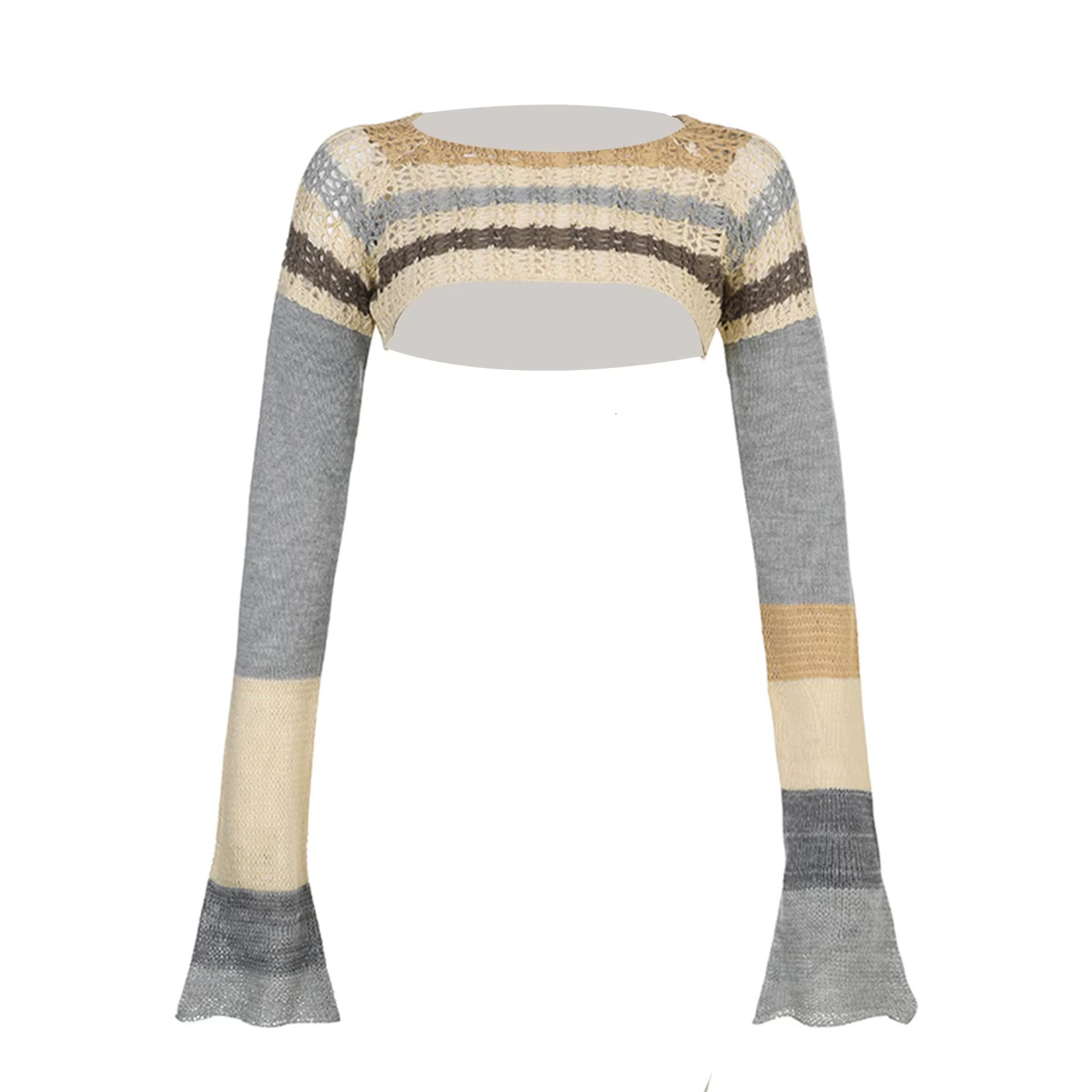 Women Knitted Crochet Sweaters Crop Tops Y2k Long Sleeve Patchwork Shrug Sweater Short Knitwear Covers Up Tee Streetwear