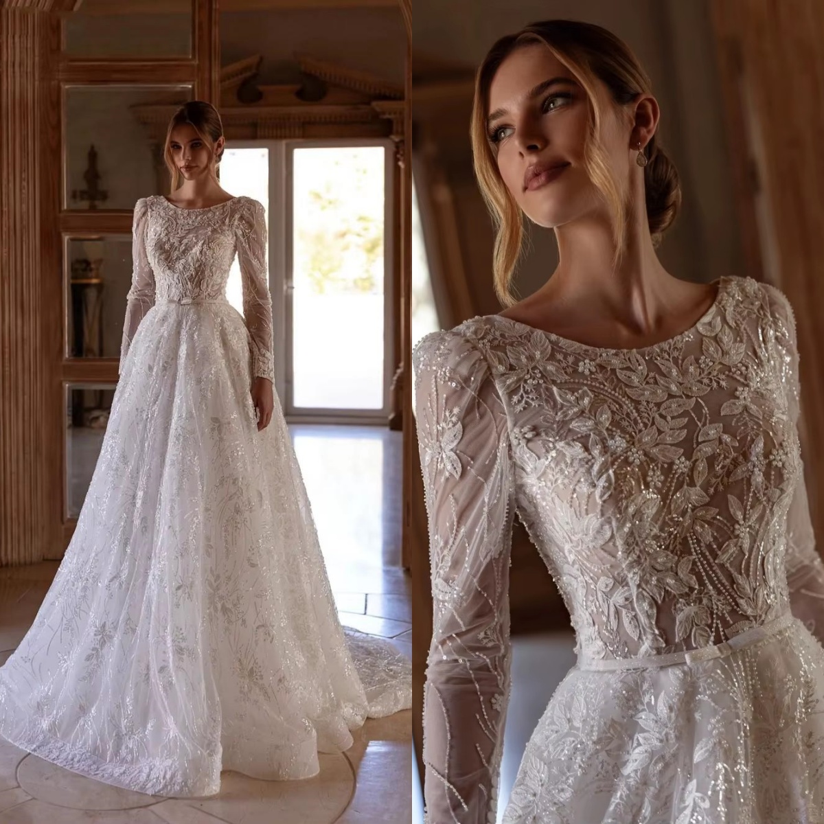Classic A e Bridal Dress Appliques Beaded Wedding Scoop Neck Long Sleeves Gown Sweep Train Customized Dresses Vestido De Novia