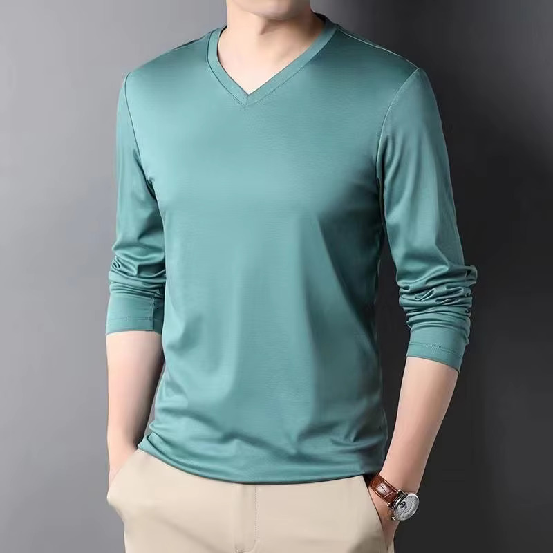 Fashionable And Versatile Men's Modal Cotton Basic T-shirt Spring And Autumn Long Sleeved V-neck Men's Clothing Thin Bottom Solid Color Casu