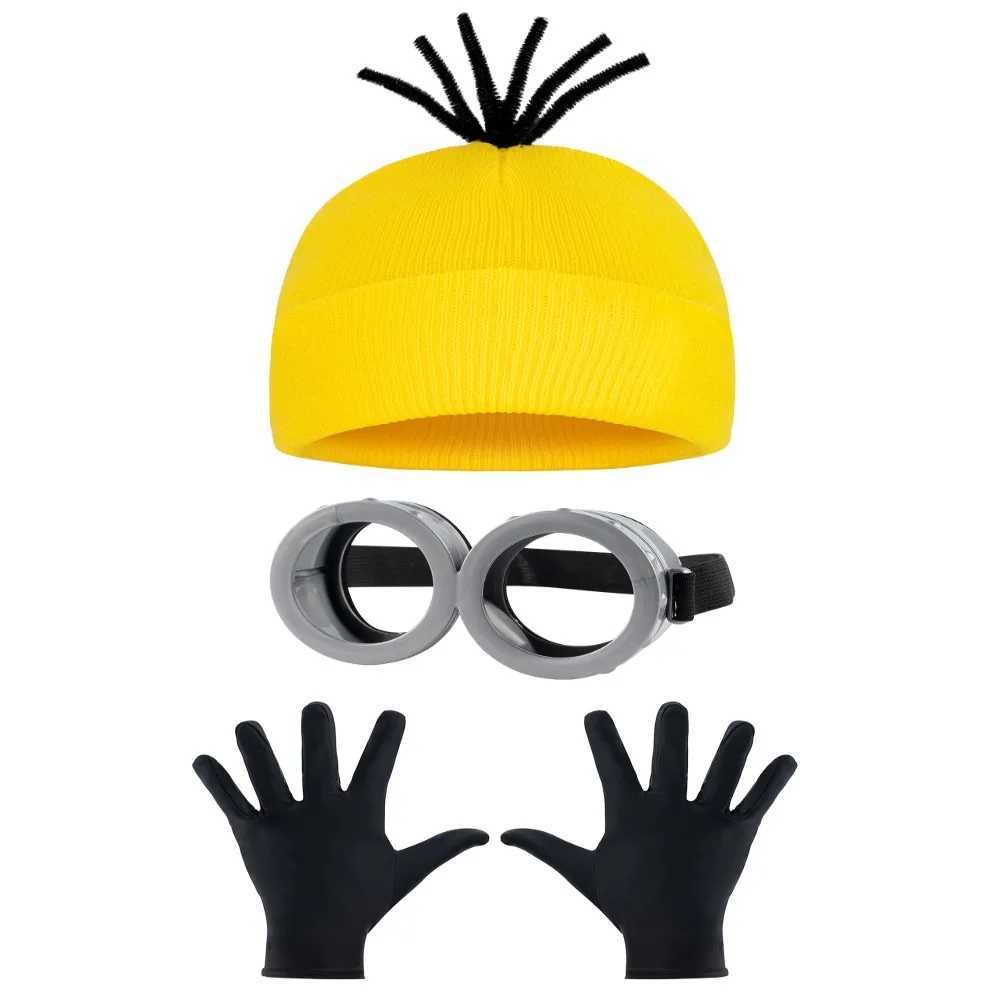 3pcs/5pcs Halloween Costume Accessories Minions Cosplay Party Set Yellow Beanie Hats Blue Dress Women Men Black Gloves for Adult W250117