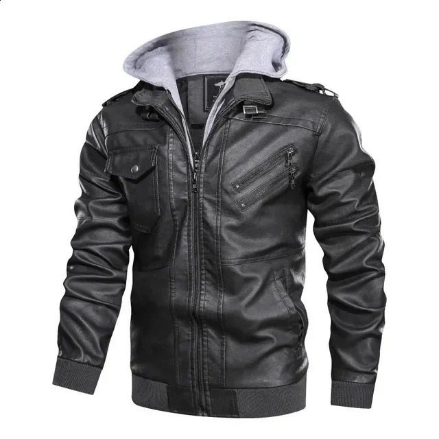 Autumn Detachable Hat Casual Leather Clothing Biker Jacket Men Zipper Pu Hooded Locomotive Coat 250109Z