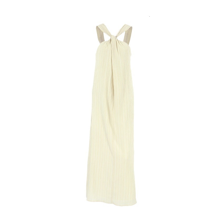 Beige Sleeveless Hanging Collar Beach Casual Dress Designer For Summer 2025 Fashion New Beach Dress Women's Long Skirt