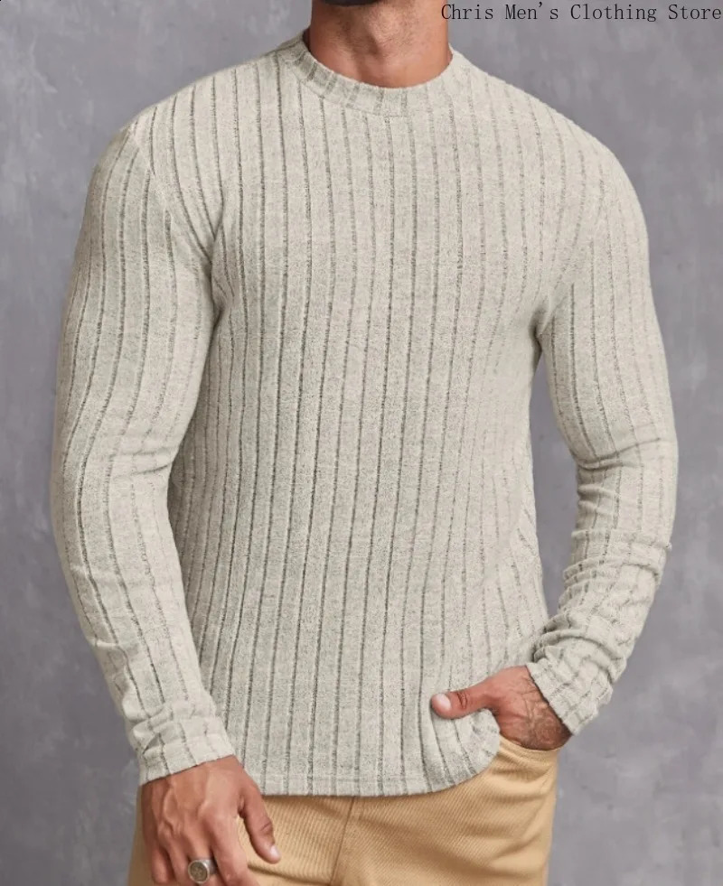 Autumn Winter Simple Fashion Mens Slim-fit Knitwear Casual Solid Color Pullover Elastic Fitness Sports Long-sleeved T-shirt 250117