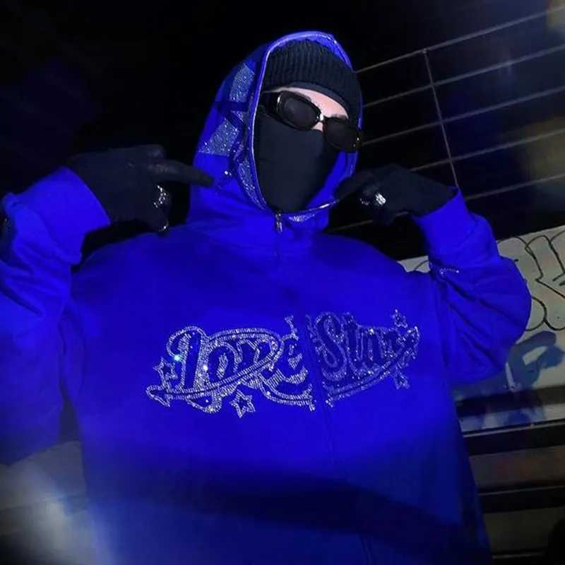 Mens Sweatshirt Full zip Hoodie Hip Hop Rhinestone Star Alphabet Hooded Jacket Oversize Hoodie Womens Coat Y2K Clothes Unisex W250117