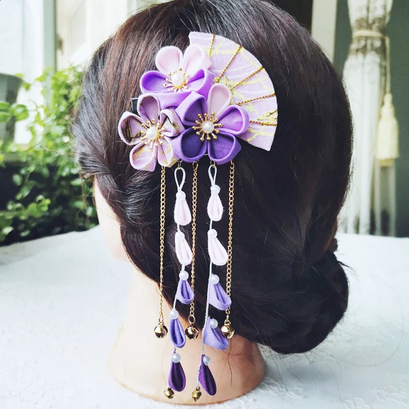 Japanese Kimono Handmade Fabric Flower Folding Fan Hair Accessories Clip Tassel Headwea Headdress Barrette Yukata Festvial Deco 250120