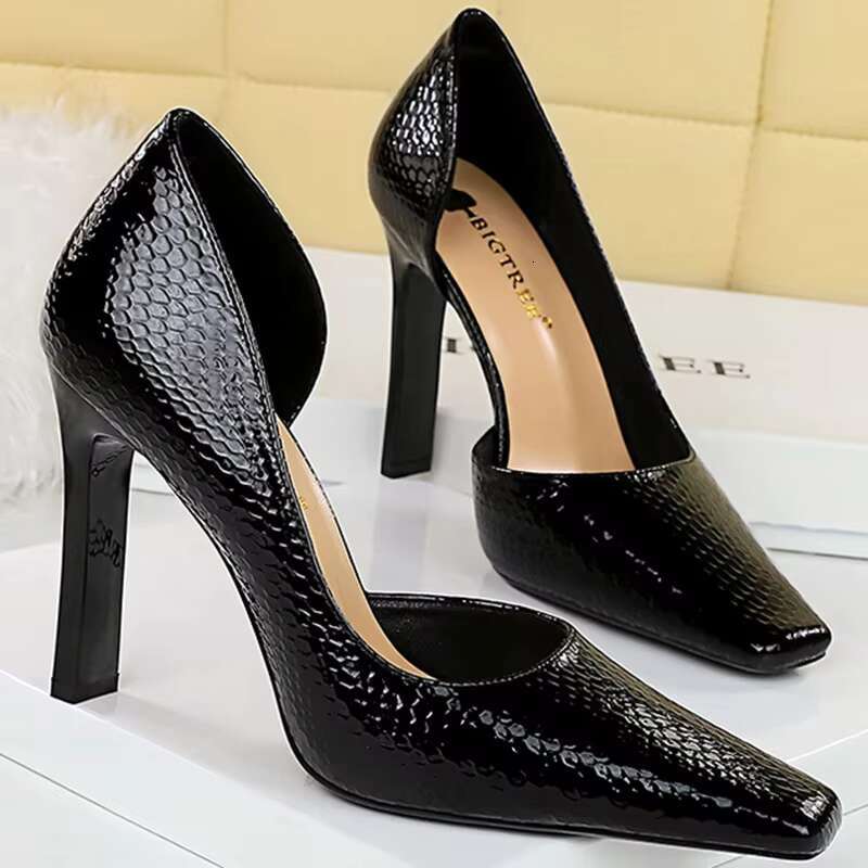Women 11cm High Pumps Square Toe Green Pink Heels Lady Serpentine Patent Leather Wedding Evening Party Shoes