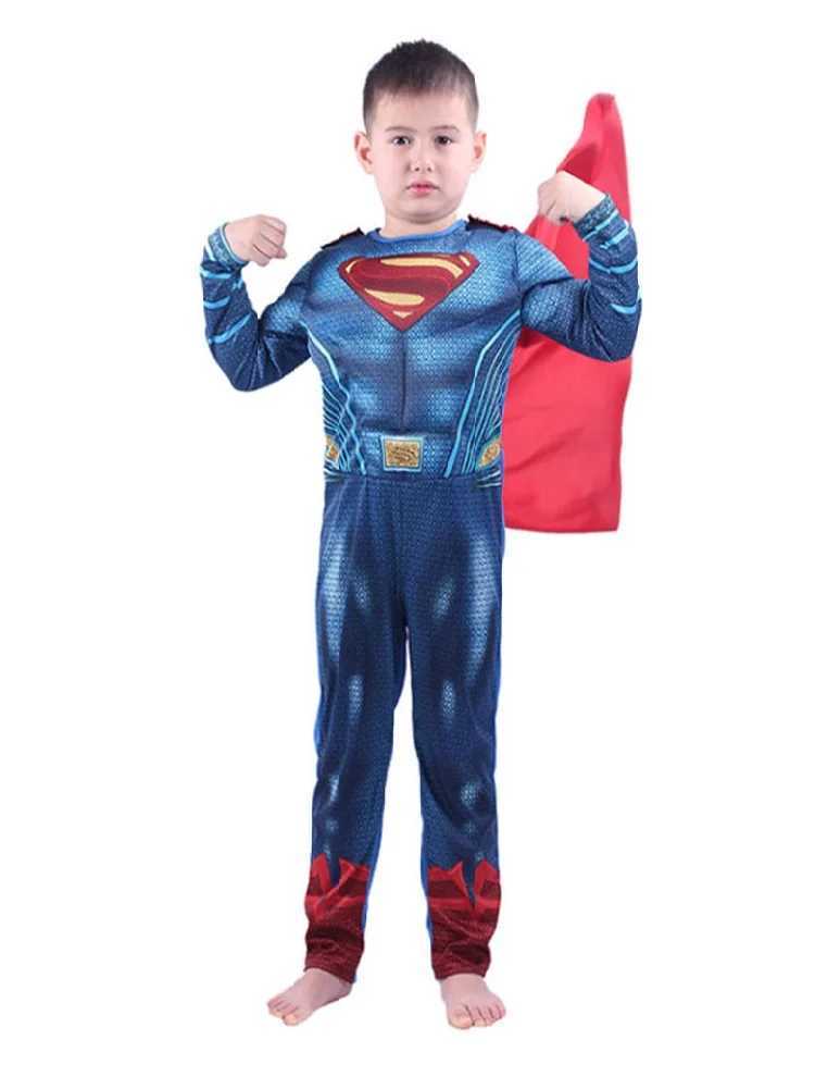Hot Sale Movie Boys Captain Super hero Cosplay Blue Muscle Jumpsuit Costume with Superhero Cloak Halloween for Kid Man W250117
