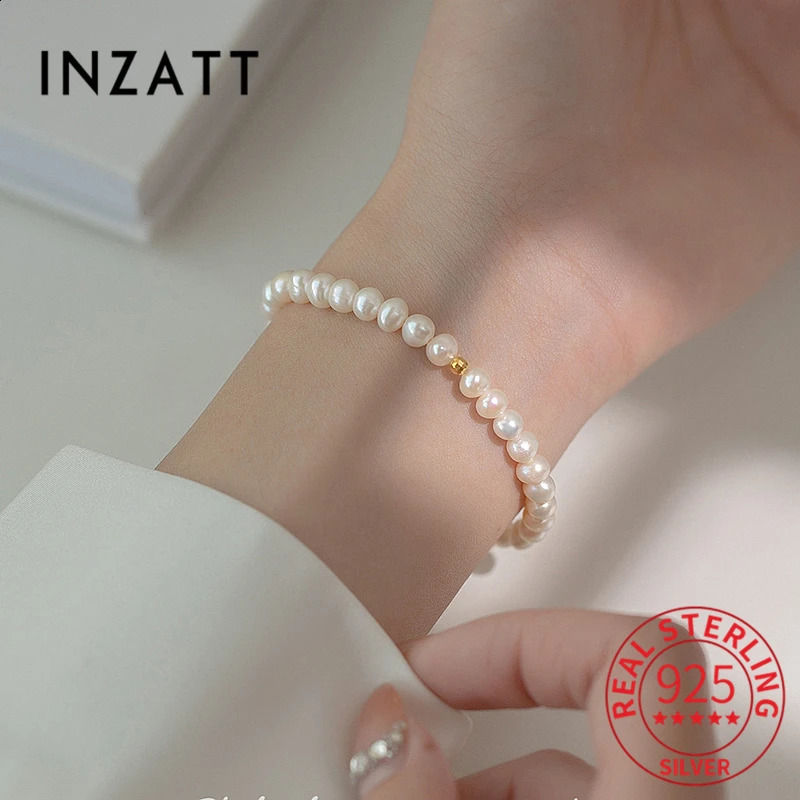 INZATT Real 925 Sterling Silver Pearl Geometric Chain Charm Beaded Bracelet for Women Cute Fine Jewelry Minimalist Accessories 250121