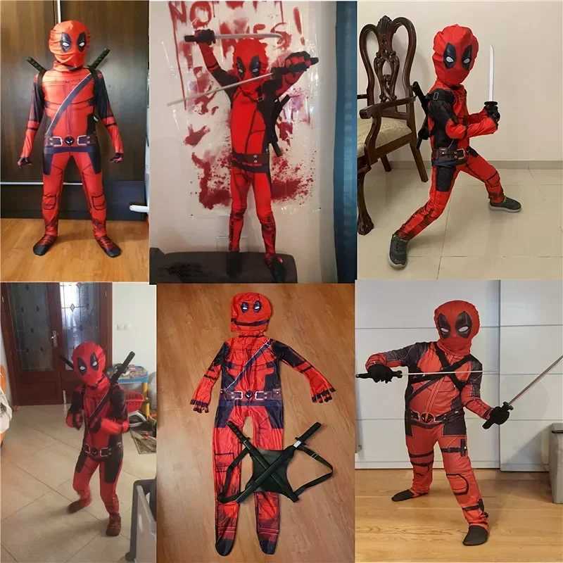 Childrens Death Pool cosplay jumpsuit movie hero character mask tight fitting suit dagger toy set Halloween New Year costume and sword bag gift W25011
