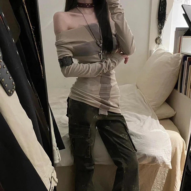 Lamuusaa y2k Tops Women Fairy Grunge Clothes Contrast Cross Off Shoulder Long Sleeve T Shirts 2000s Goth Clothing Streetwear 250116