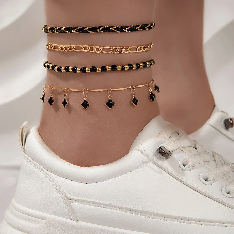 Tocona Simple Black Crystal Stone Anklet Set for Women Girl Charms Rope Geometric Multilayer Foot Chains Jewelry 24189 250114