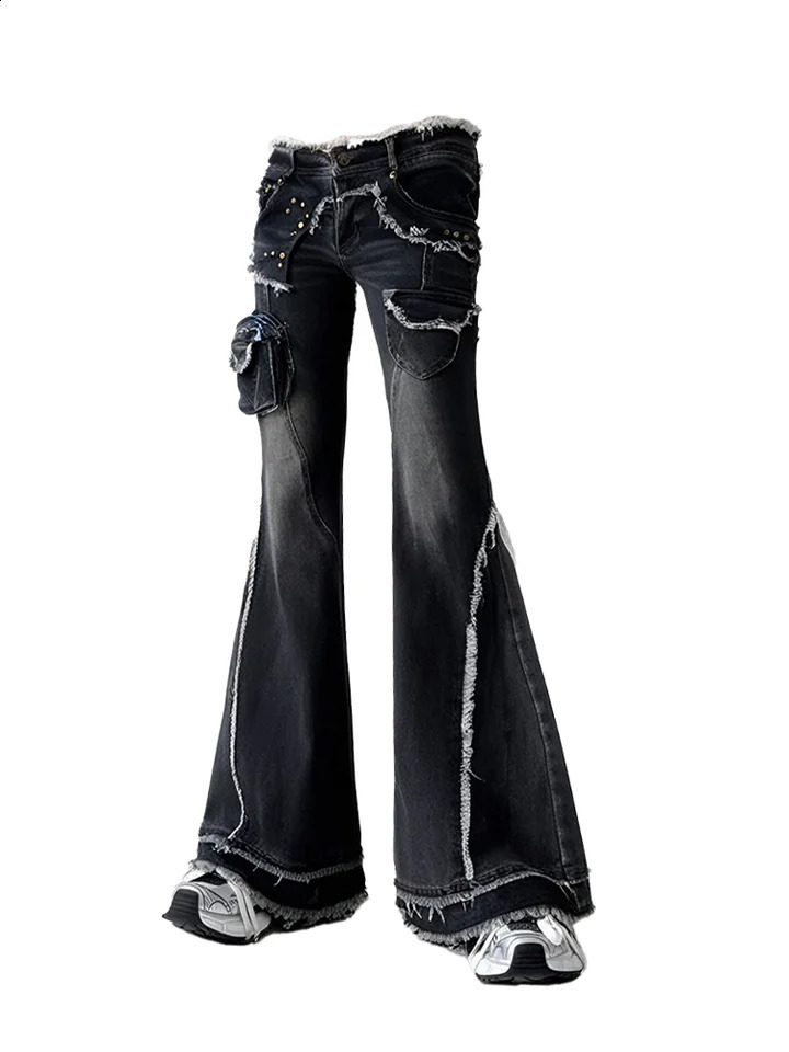 Womens Black Gothic Jeans Y2K Cargo Baggy Flash Japanese Harajuku Streetwear Aesthetic Vintage 90s Jeans Trouser Clothing 2025 250109