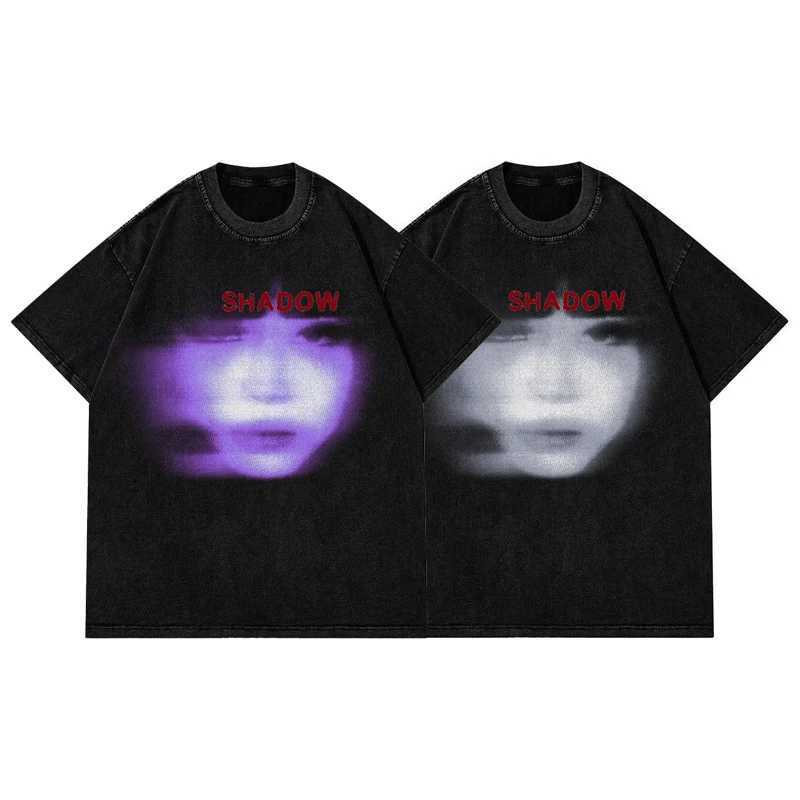Gothic 2024 mens washed black Harajuku streetwear facial aesthetic graphic T-shirt cotton retro T-shirt Hipster top unisex Y2K W250117