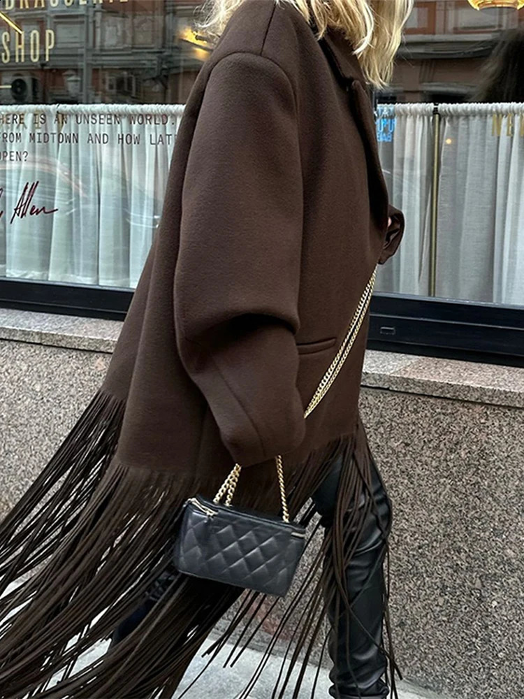Fashion Tassel Hem Womens Coat Autumn Winter Turndown Collar Long Sleeve Female Overcoat 2024 Brown High Street Lady Outwear 250110