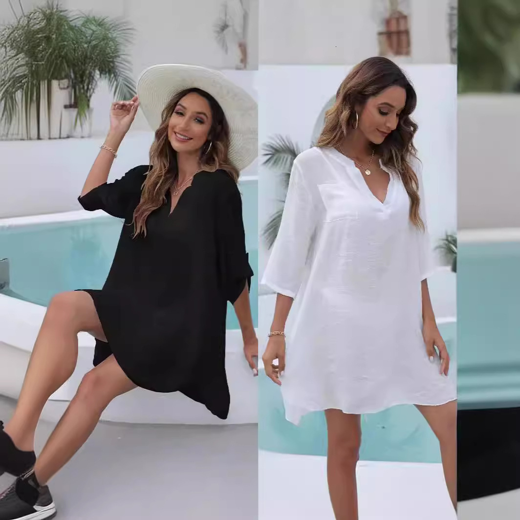 2025 New Women's Designer Shirt Women's Cover Holiday Deep V Sexy Dress Beach Skirt