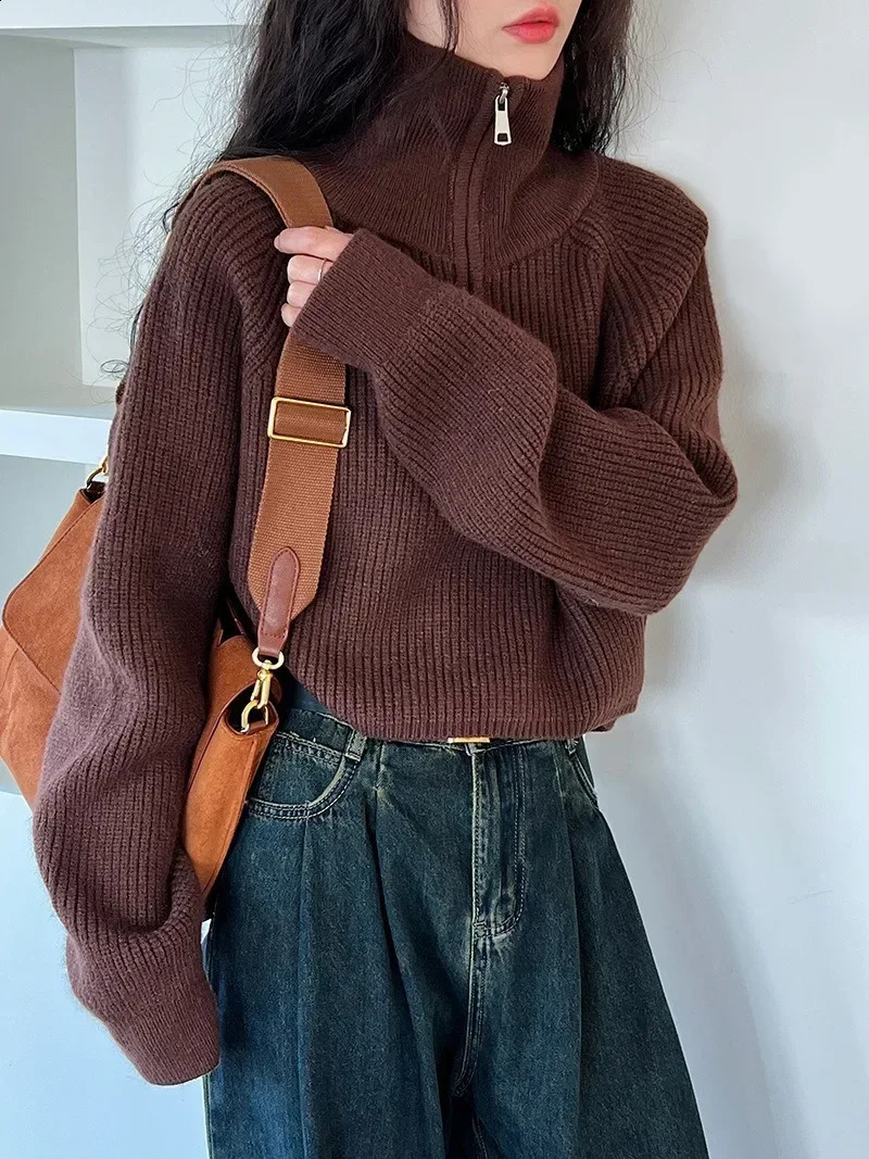 Autumn Winter Zipper Sweaters Women Solid Color High Neck Knitted Pullover Solid Red Loose Turndown Collar Womens Turtleneck 250117