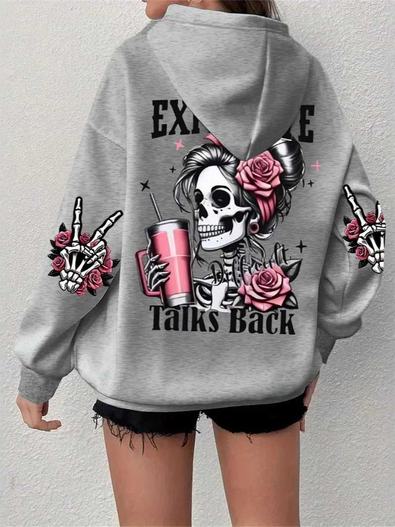 Y2K Skull Print Super Large Hoodie Harajuku Style Loose Fit Pullover Sweatshirt for Women Kawaii Gothic Casual Street Clothing W250117