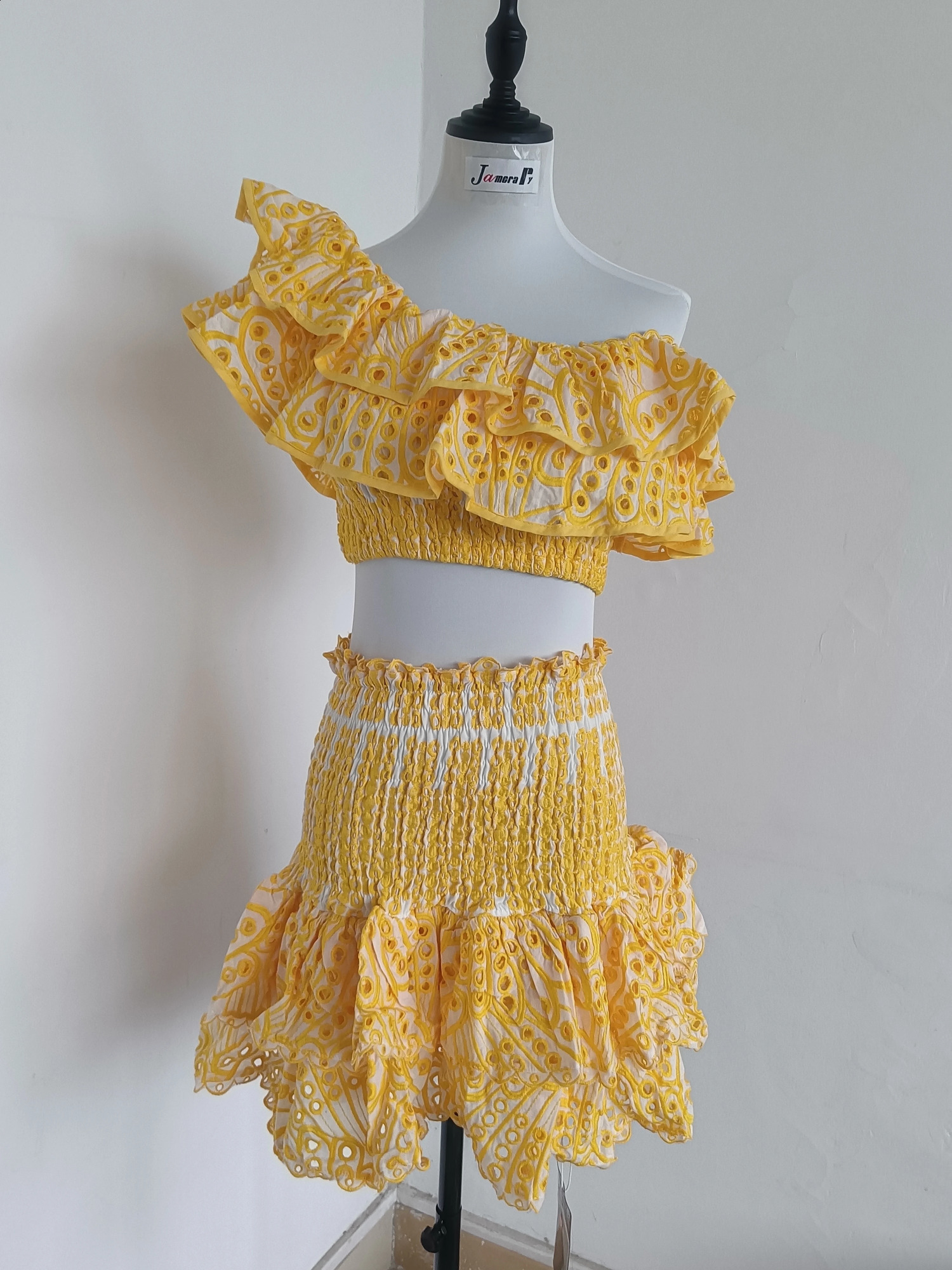 JAMERARY Floral Two Piece Women Dress Summer Cotton Embroidery Sexy Slash Neck Ruffles Short Skirts Suits Beach Crop Tops 250118