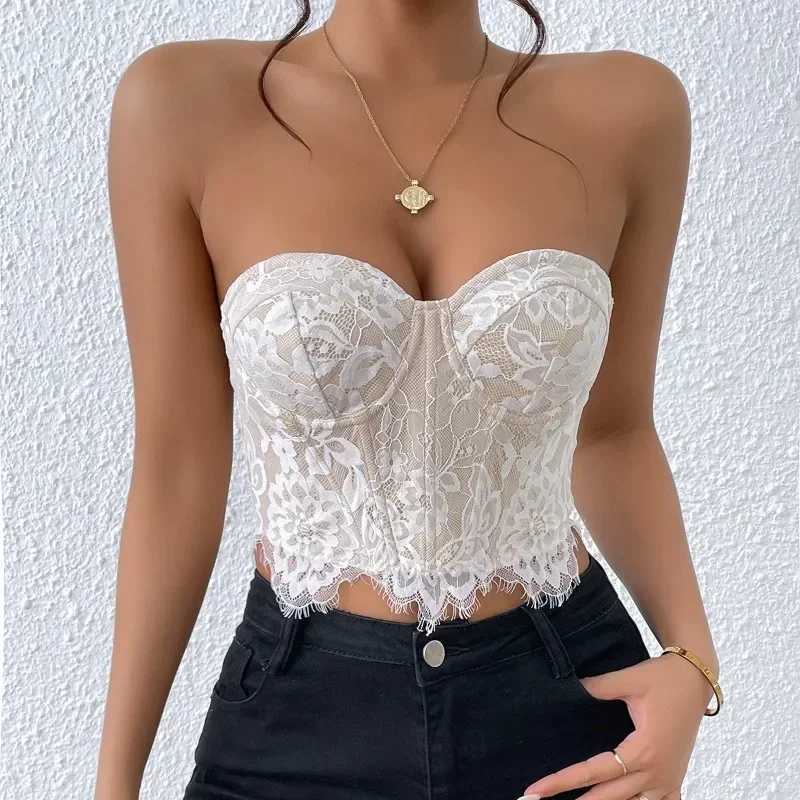 CHUANGERM Sexy Lace Sleeveless Bare Shoulder Crop Top Corset Embroidery Floral Tube Top Strapless Fishbone Backless Camisole W250120