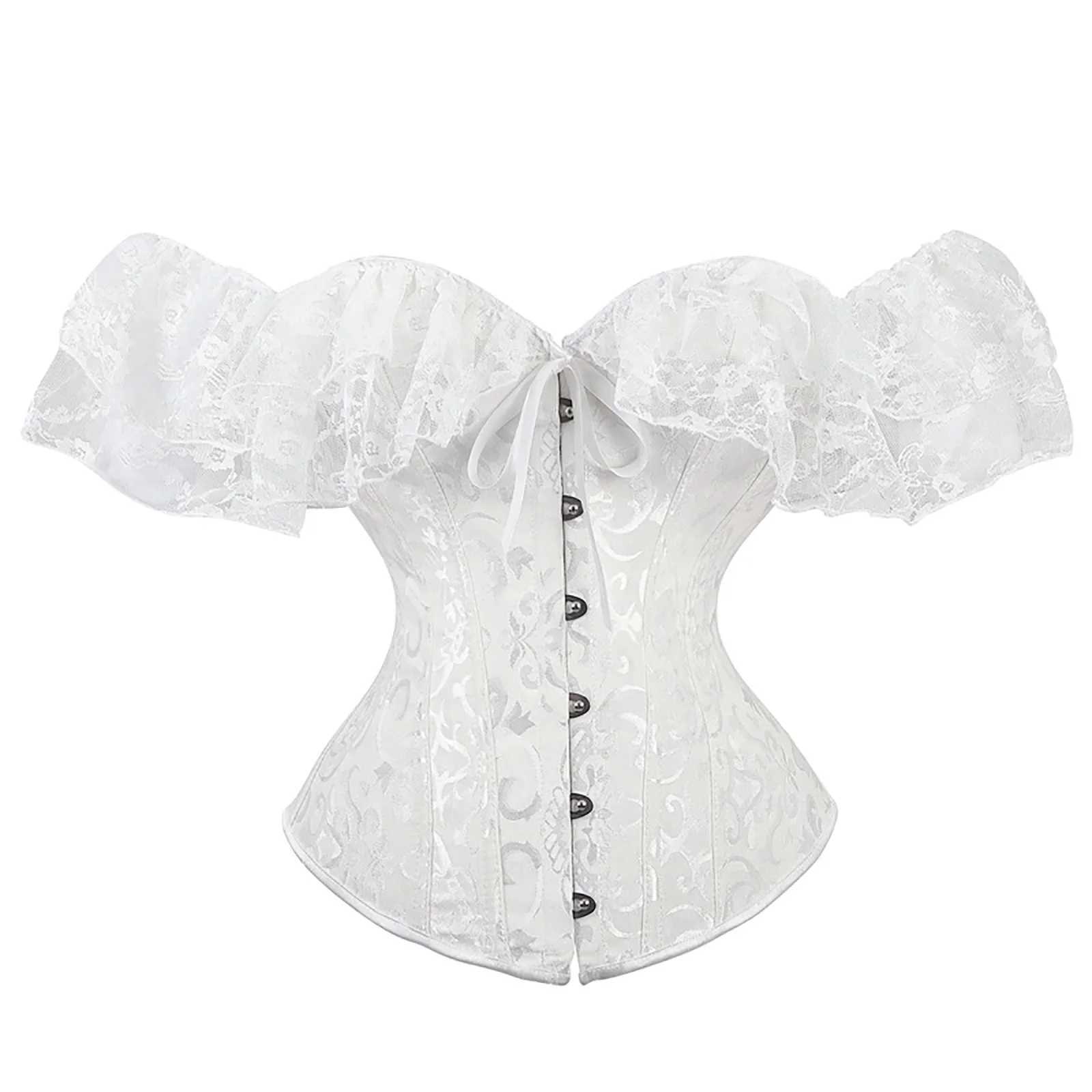 Combhasaki Womens Y2K Vintage Halloween Lace Patchwork Ruffled Short Sleeve Corset Bow Tied Button-down Shapewear Slim Fit Tops W250120
