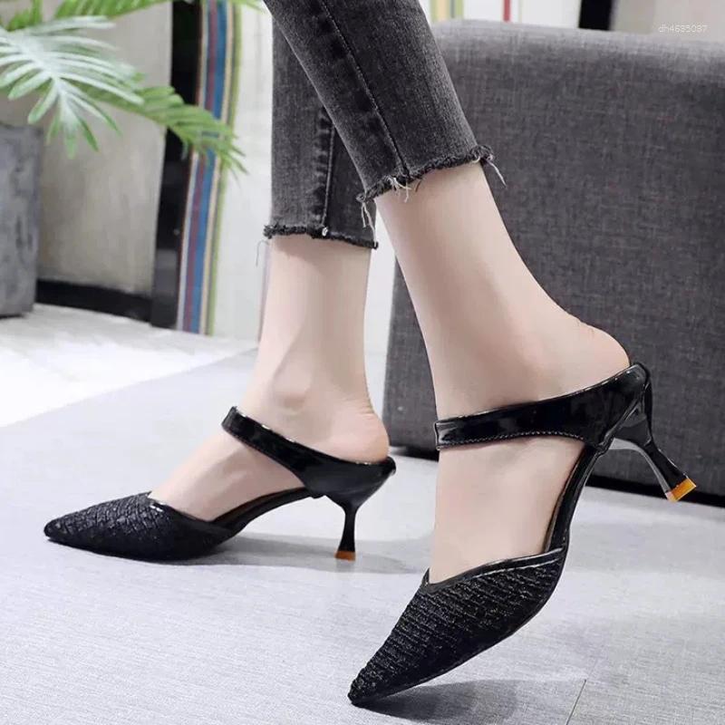 Dress Shoes 2025 Summer With Mesh Hollow Bun Head Fashion All-match High-heeled Slippers zhanyishengli
