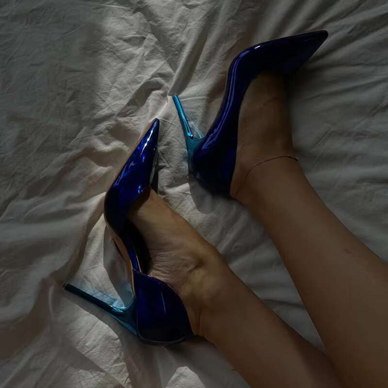 Women 10.5cm High Scarpins Pumps Lady Neon Green Blue Fetish Wedding Bridal Heels Metallic Glossy Leather Evening Shoes