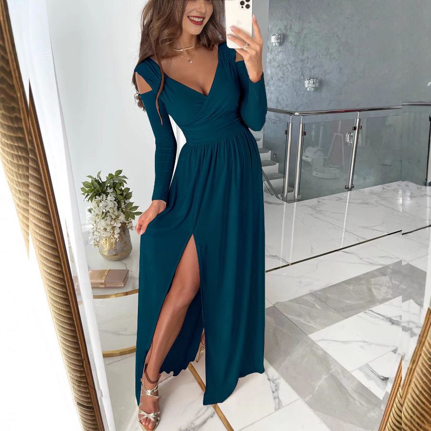 2025 Autumn And Winter New Designer Women's Beach Dress Long Sleeved V-neck Solid Color Hem Slit Dress