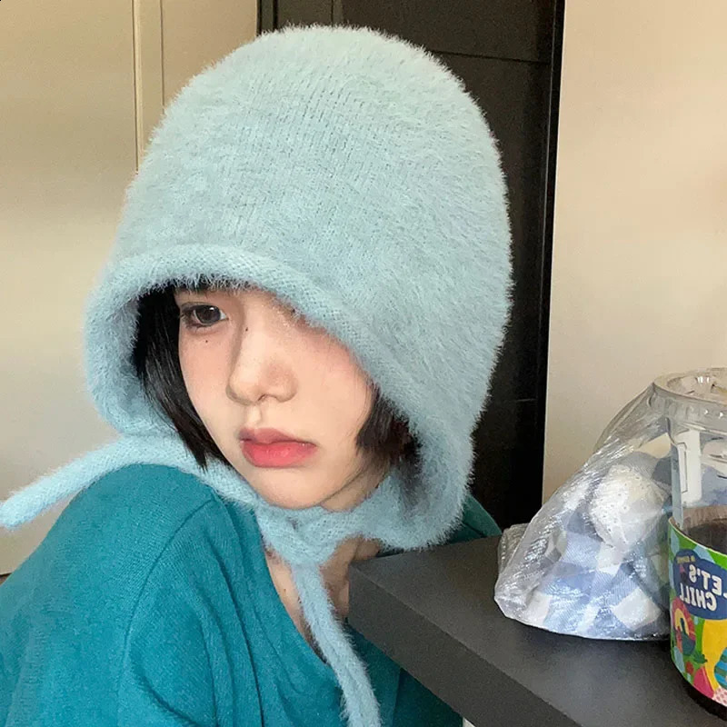 Y2K Cute Beanie Autumn Winter Womens Warm Japanese Knitted Hat Pile Hat Mens Ear Protection Tie Zipper Hat Gorro Hat 250109