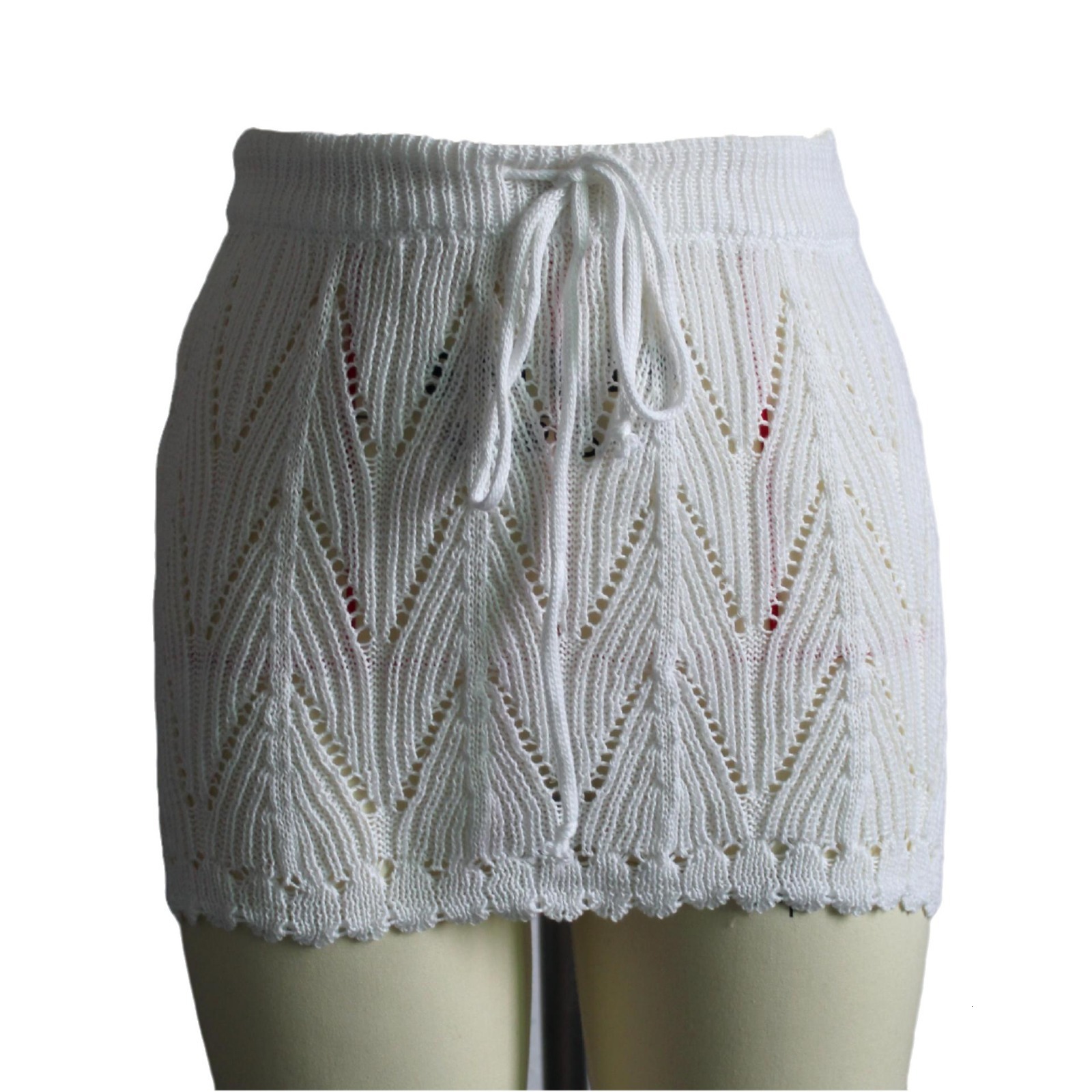 2025 New Women's Clothing Designer Solid Color Drawstring Lace Knitted Hollow Beach Skirt Bikini Women's Swimming Skirt