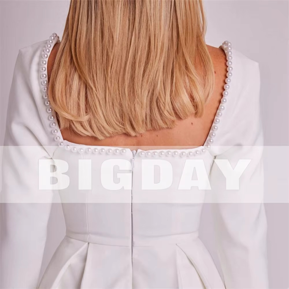 Elegant Short Wedding Dress Open Back Long Sleeve Square Collar Beading Pearl Bridal Gown Above Knee Vestido De Noiva Customized