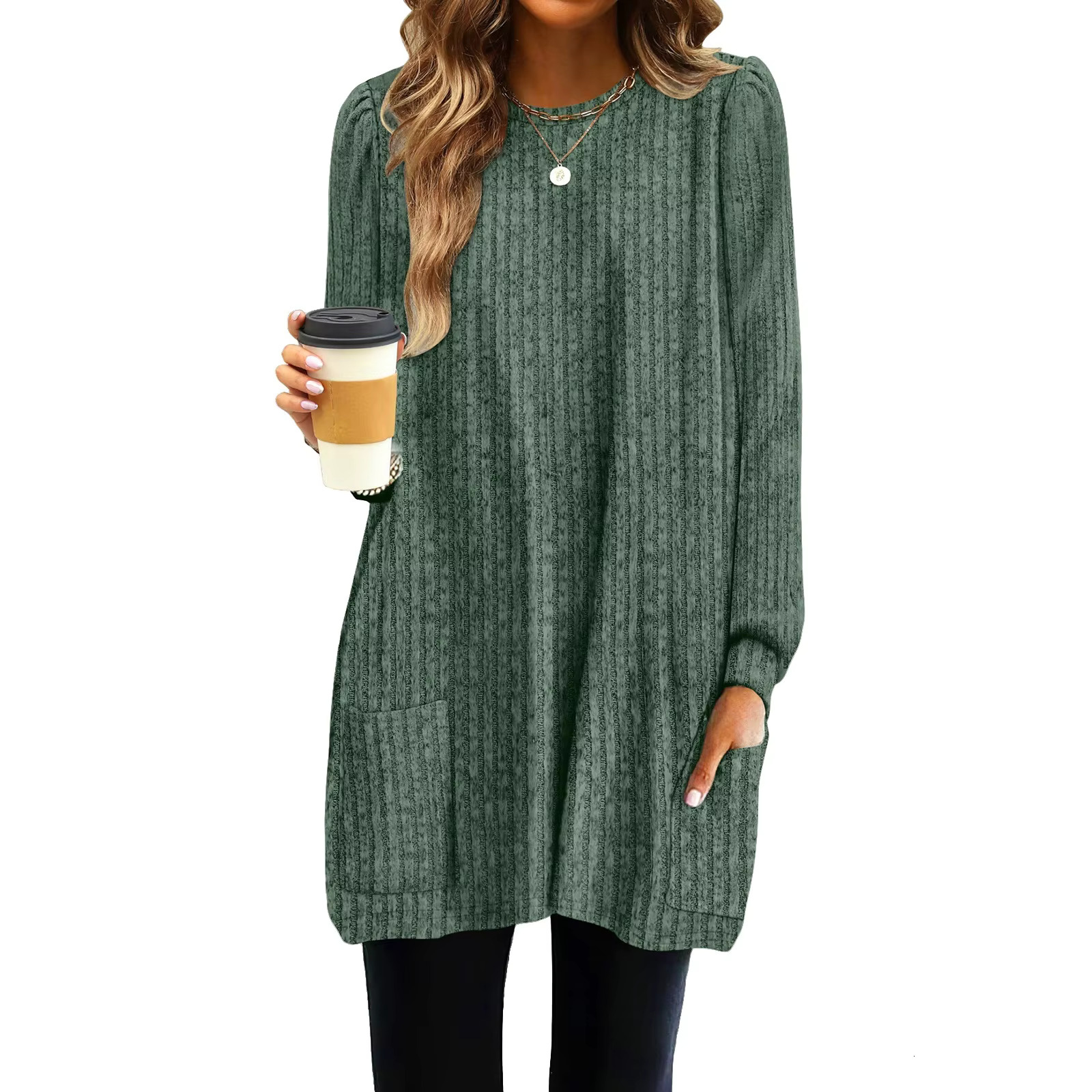 New Spring Shirt Fluffy Long Sleeved T-shirt Round Neck Casual Loose Pocket Shirt Elegant Streetwear Designer T-shirt Women's Solid Color Waistba