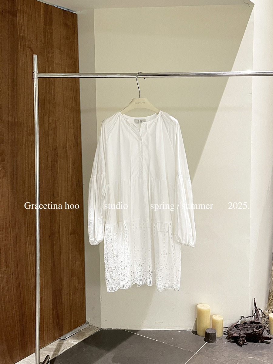 2025 New Women's Early Spring Thirteen Rows 100% Cotton Korean Designer Hollow Embroidery Lantern Sleeves Loose Beach Skirt Swinging Dress