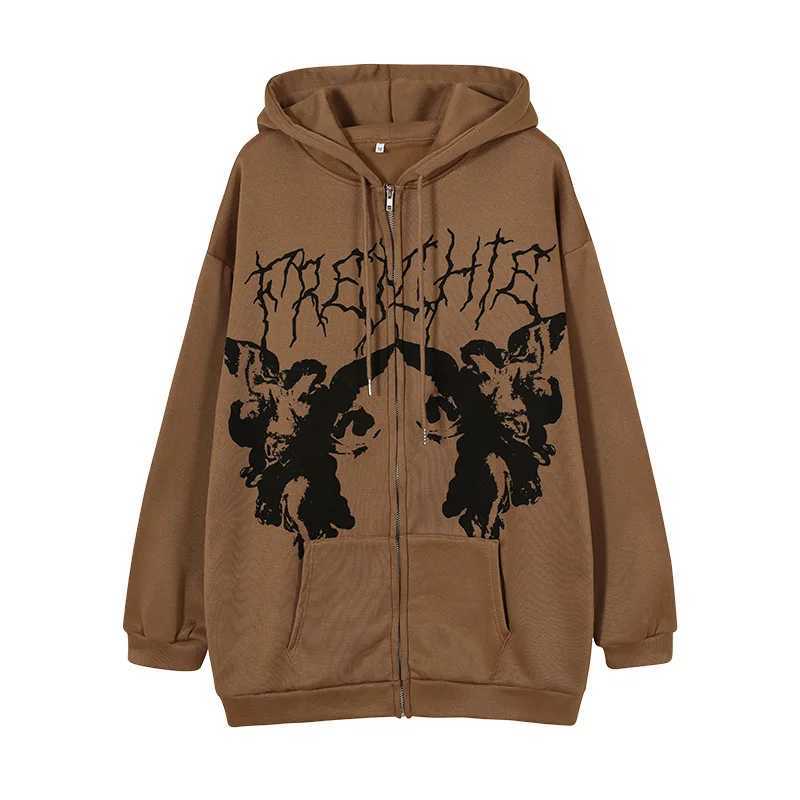Womens Retro Angel Printed Hoodie Mens Zipper Long Sleeve Pocket Autumn Winter Street Clothing Coat Y2K Aesthetic Loose Hoodie W250117