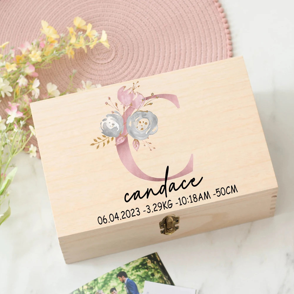 Personalized Baby Gift Keepsake Box Custom Memory Box Flower Letter Print Wooden Box born Shower Gift Baby Birth Stats Box 250120