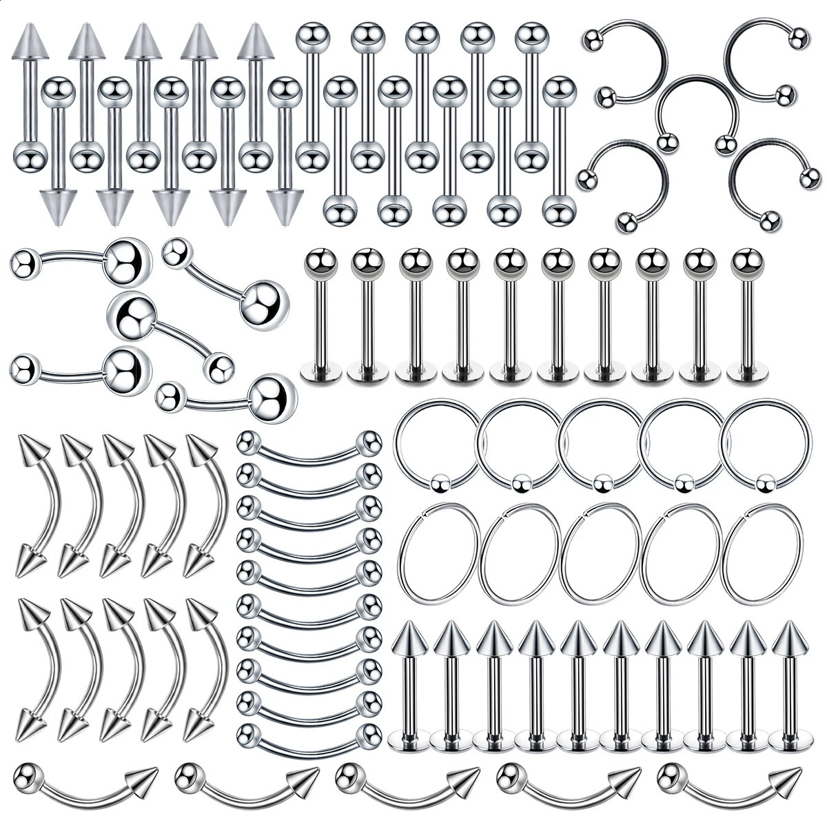 85PCS Steel Body Piercing Jewelry Lot Bulk Nose Ring Tongue Bar Eyebrow Labret Set Horseshoe Pack 250110