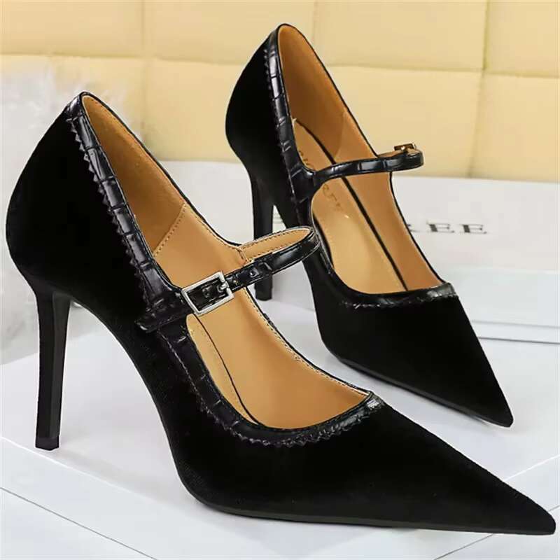 Women 10cm High Pointed Toe Shallow Fashion Wine Red Veet Pumps Stiletto Thin Heels Wedding Mary Jane Belt Strap Shoes