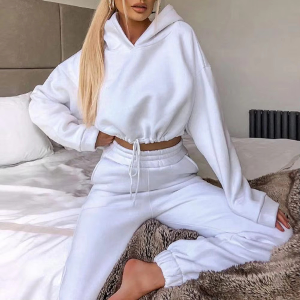 2Pcs/Set Women Tracksuit Sports 2 Pieces Hooded Long Sleeve Cropped Sweatshirt Jogger Pants Set Sweatpants Outfit