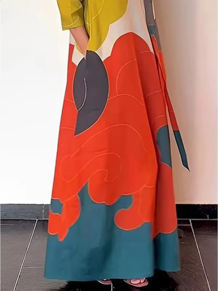 Freeacy 2025 Spring Stylish Dress for Women Contrast Color Long Sleeves Loose Fit Maxi Dress with Scarf Casual Party Dresses 250122