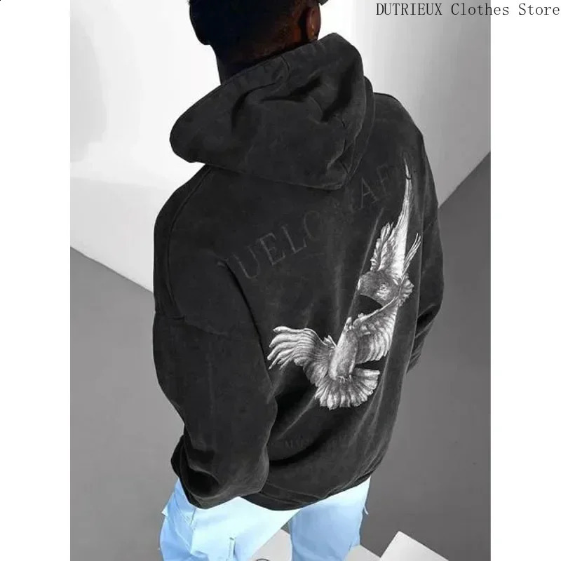 Autumn Oversized Loose Black Mens Hoodie Fashion Eagle Print Large Size Hoodie Pure Cotton Soft Fitness Running Men Sweatshirt 250117