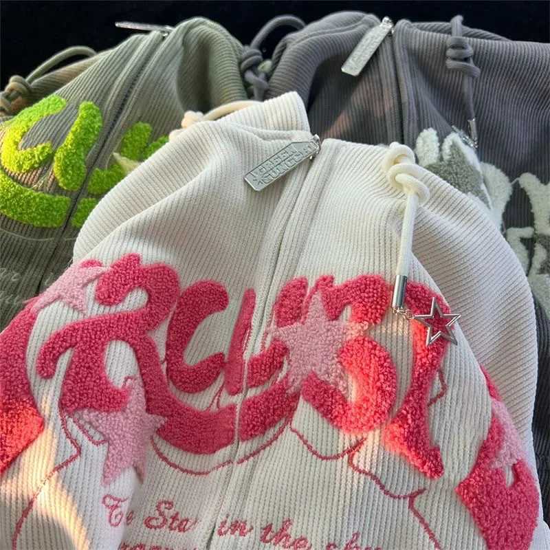 Fashion Embroidery Zip Up Hoodies Women Autumn Long Sleeve Tops Loose Hood Shirt Harajuku Y2K Clothes Female Sweatshirt Jacket W250117
