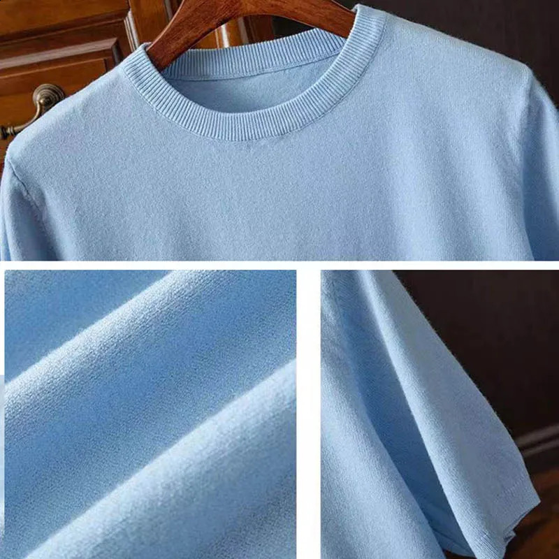 High Qualtity Oversized Cashmere Knitted Oneck Tshirt for Men Short Sleeve Tee Solid Color Trend Leisure Grey White Black Blue 250108