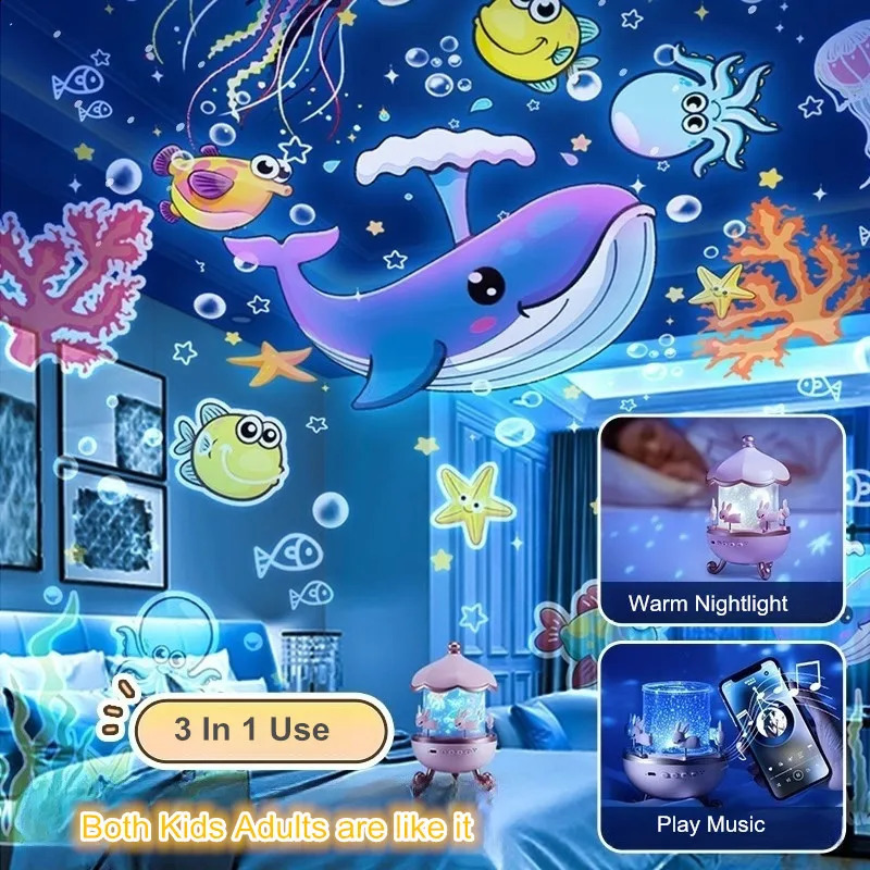 12 Films Cute Rabbit Rolling Huts Projection Night Light USB Rechargeable Starry Sky Projector Lamp with Bluetooth Music Player 250120z