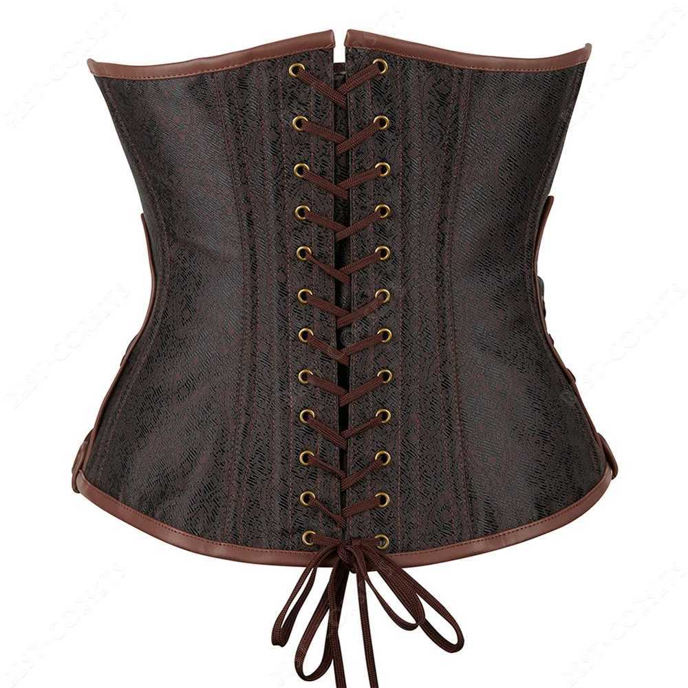Brown Corset Women Steampunk Faux Leather Underbust Corset Steel Boned Bustier Gothic Chain Couture Corset Underbust W250120