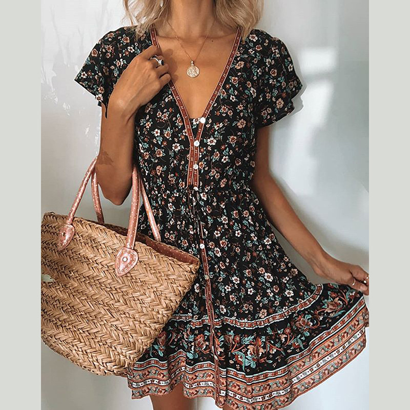 2025 Women's Autumn New Designer Bohemian Floral Dress V-neck Short Sleeve Single Breasted Beach Skirt
