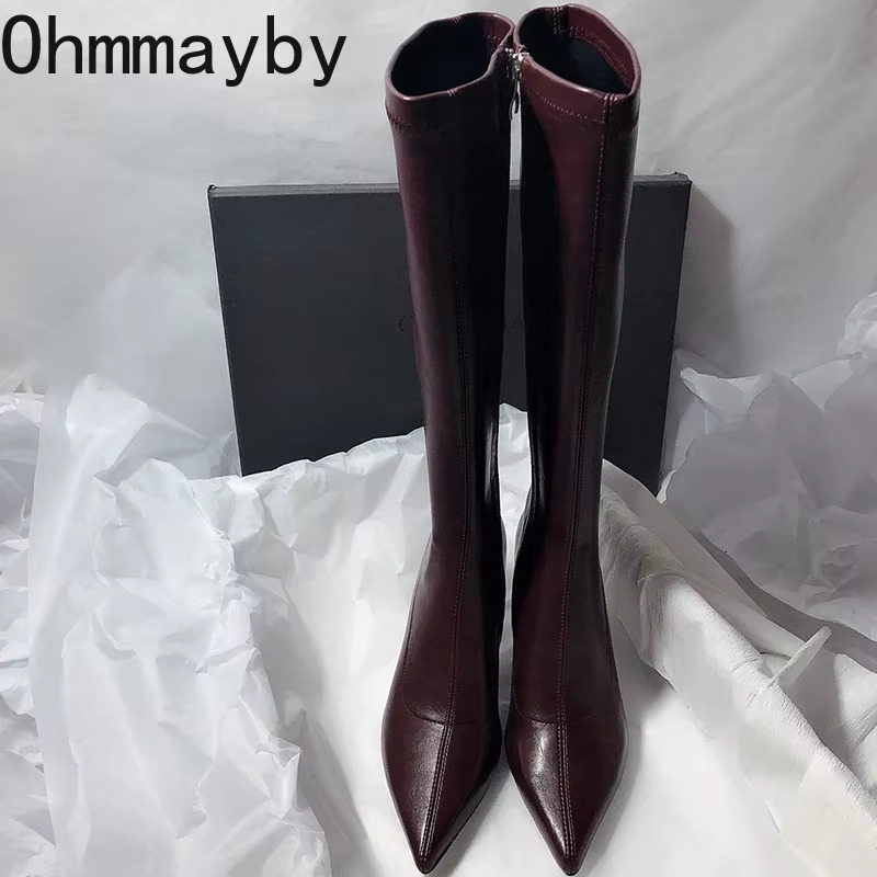 Designer Pointed Toe Women Stretch Knee-High Boots Fashion High Heels Shoes Concise Long Botas De Mujer 250221