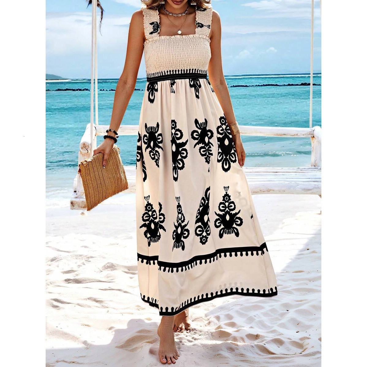 2025 New Women's Beach Skirt Designer Holiday Style Printed Chest Dress
