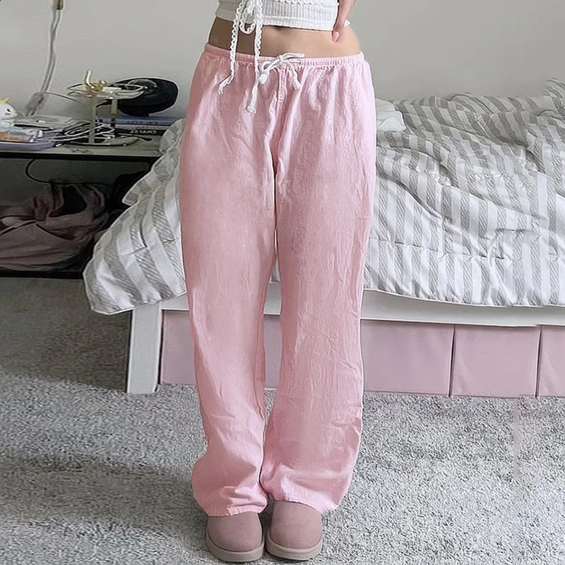 CIBBAR Drawstring Low Rise Pink Casual Pants y2k Basic See Through Pants y2k Aesthetic Straight Trousers for Women Korean Style 250122